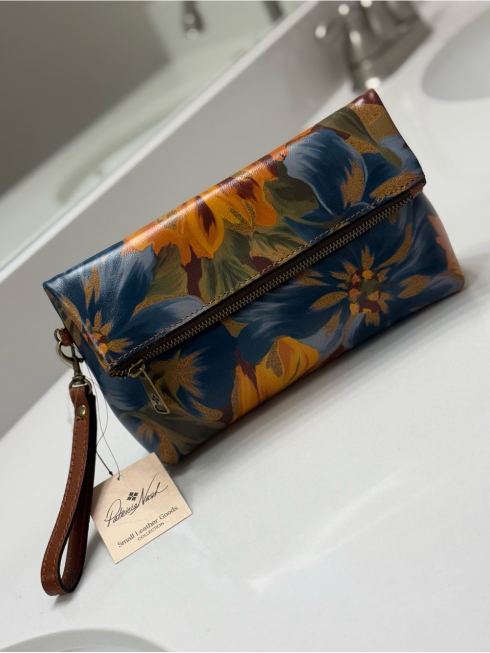 Patricia Nash Blue & Yellow Floral Leather Wristlet Clutch with Brown Strap NWT